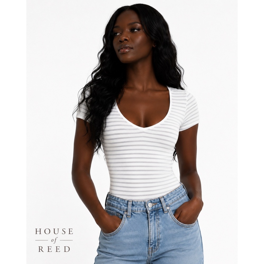 Hudson Gray Bodysuit Medium White Gray Ribbed Stripe Deep V Neck Stretch Top